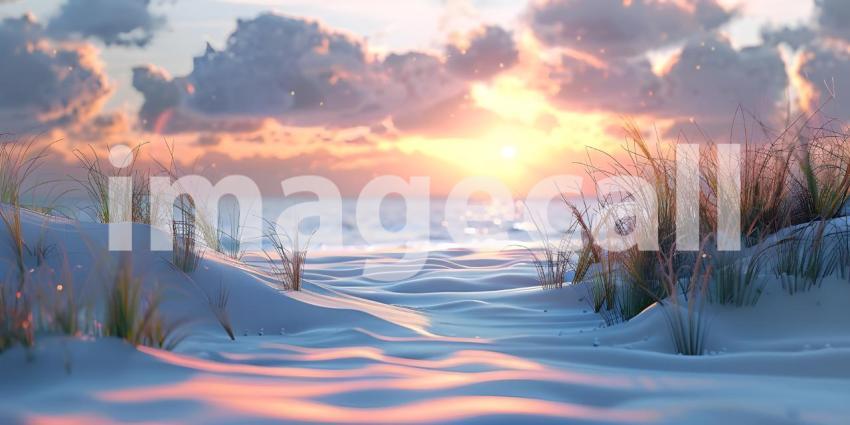 Sand dunes system on beach at sunrise background - Ai Generated