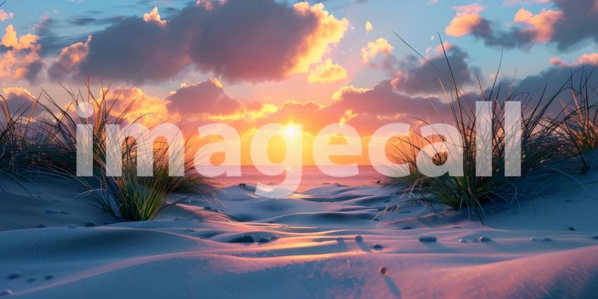 Sand dunes system on beach at sunrise background - Ai Generated