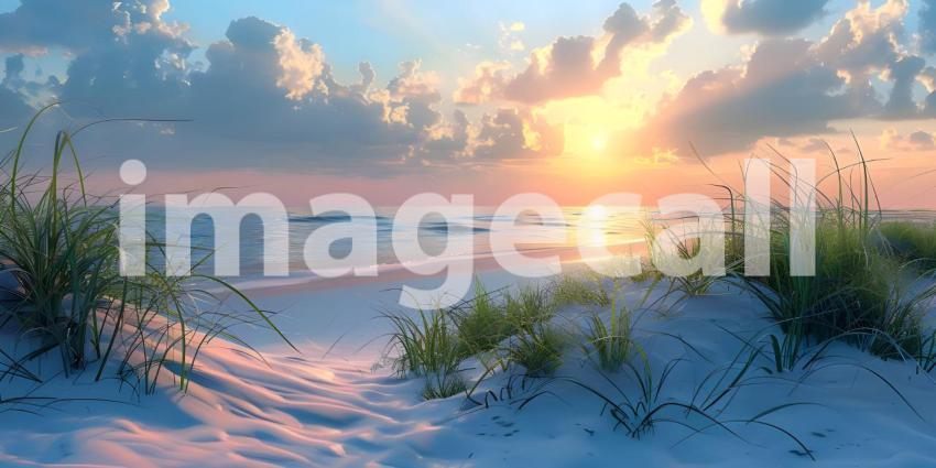 Sand dunes system on beach at sunrise background - Ai Generated