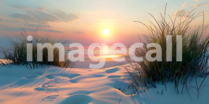 Sand dunes system on beach at sunrise background - Ai Generated