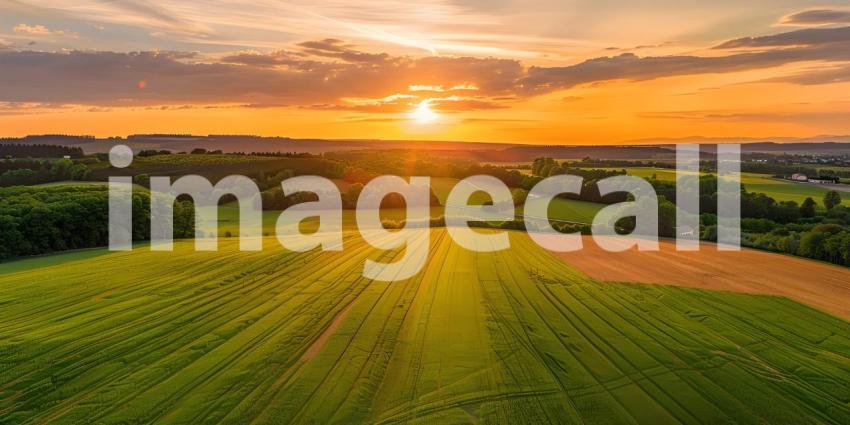 Sunset over Fields and Farms from a drone background - Ai Generated