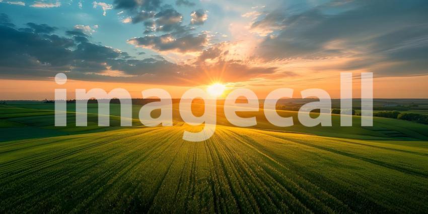Sunset over Fields and Farms from a drone background - Ai Generated