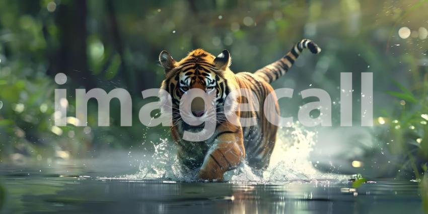 Tiger runs in water in forest background - Ai Generated