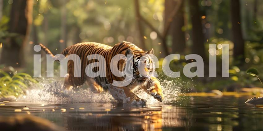 Tiger runs in water in forest background - Ai Generated