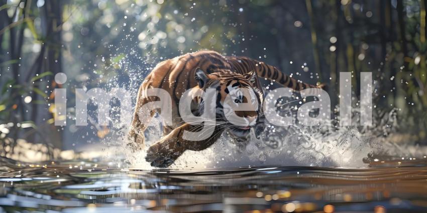 Tiger runs in water in forest background - Ai Generated