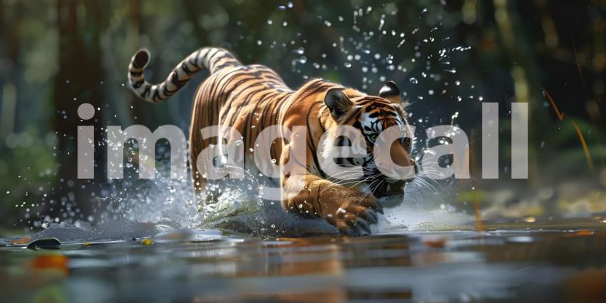 Tiger runs in water in forest background - Ai Generated