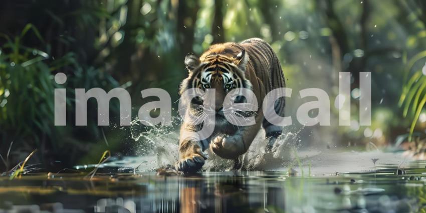 Tiger runs in water in forest background - Ai Generated