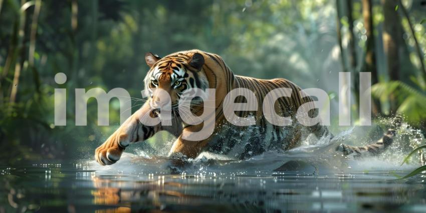 Tiger runs in water in forest background - Ai Generated