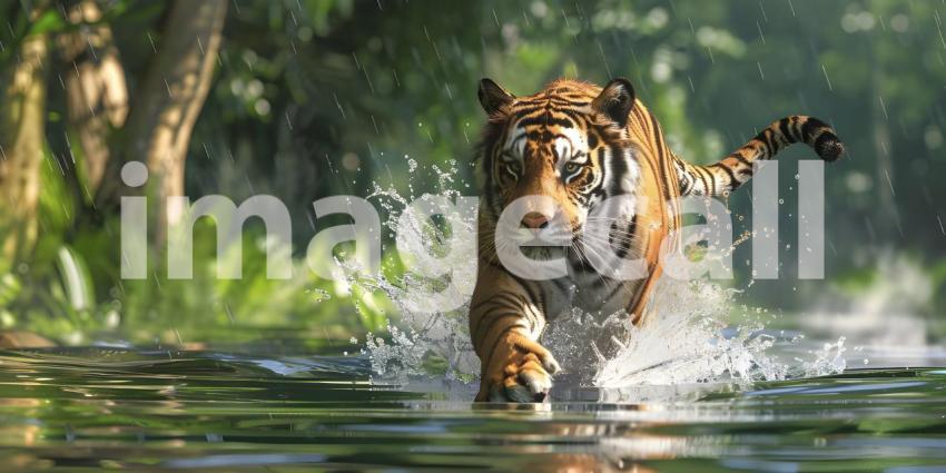 Tiger runs in water in forest background - Ai Generated