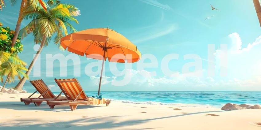 Beach umbrella with chairs on the sand summer vacation concept background - Ai Generated