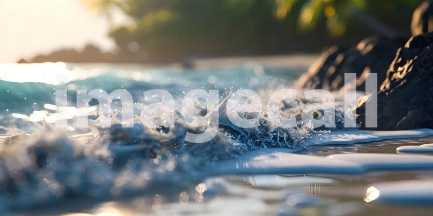 Tropical waves with rocks Ocean foam with narrow focus background - Ai Generated