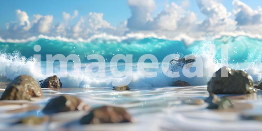 Tropical waves with rocks Ocean foam with narrow focus background - Ai Generated