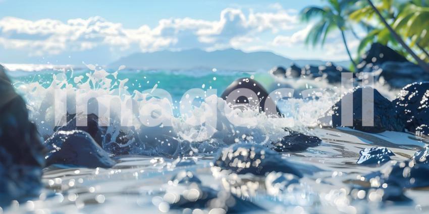 Tropical waves with rocks Ocean foam with narrow focus background - Ai Generated