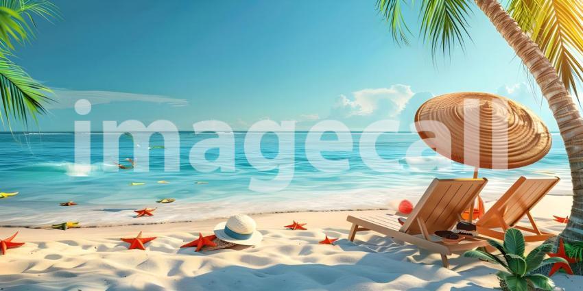 Beach umbrella with chairs on the sand summer vacation concept background - Ai Generated
