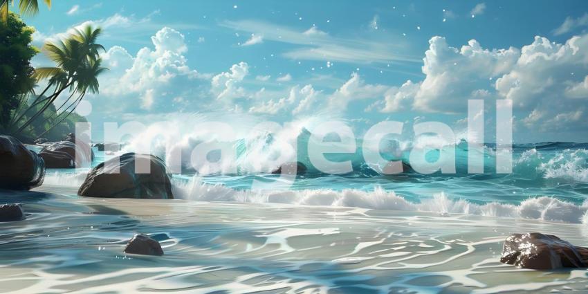 Tropical waves with rocks Ocean foam with narrow focus background - Ai Generated