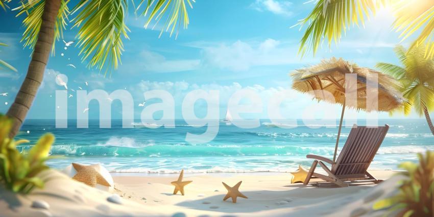 Beach umbrella with chairs on the sand summer vacation concept background - Ai Generated