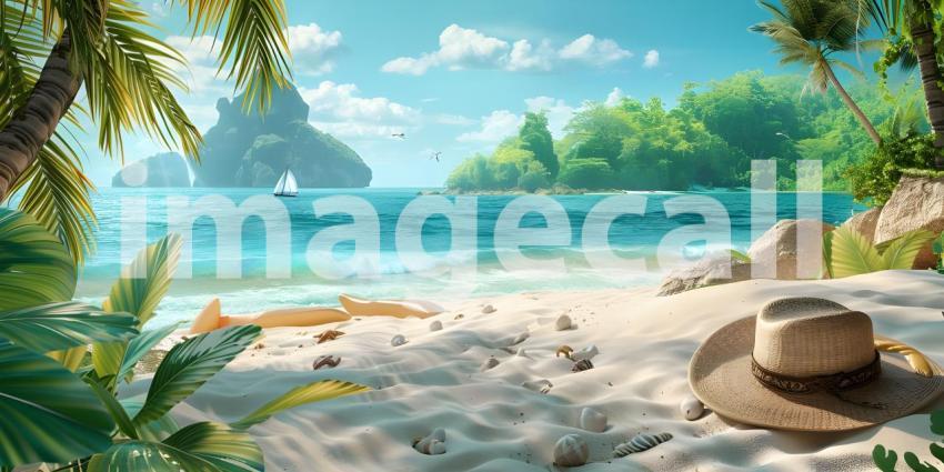 Beach umbrella with chairs on the sand summer vacation concept background - Ai Generated