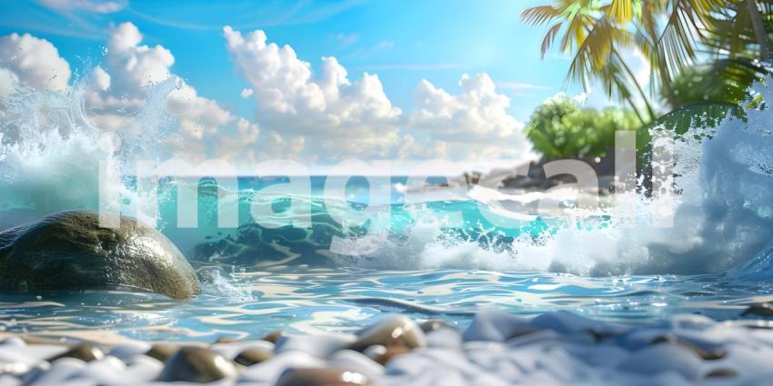 Tropical waves with rocks Ocean foam with narrow focus background - Ai Generated