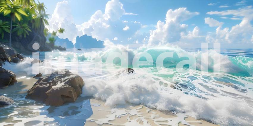 Tropical waves with rocks Ocean foam with narrow focus background - Ai Generated