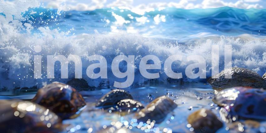 Tropical waves with rocks Ocean foam with narrow focus background - Ai Generated