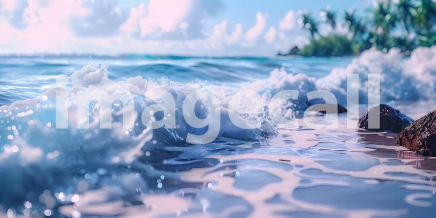 Tropical waves with rocks Ocean foam with narrow focus background - Ai Generated
