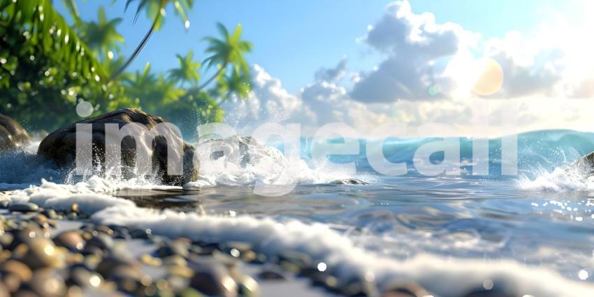 Tropical waves with rocks Ocean foam with narrow focus background - Ai Generated