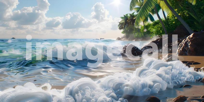 Tropical waves with rocks Ocean foam with narrow focus background - Ai Generated