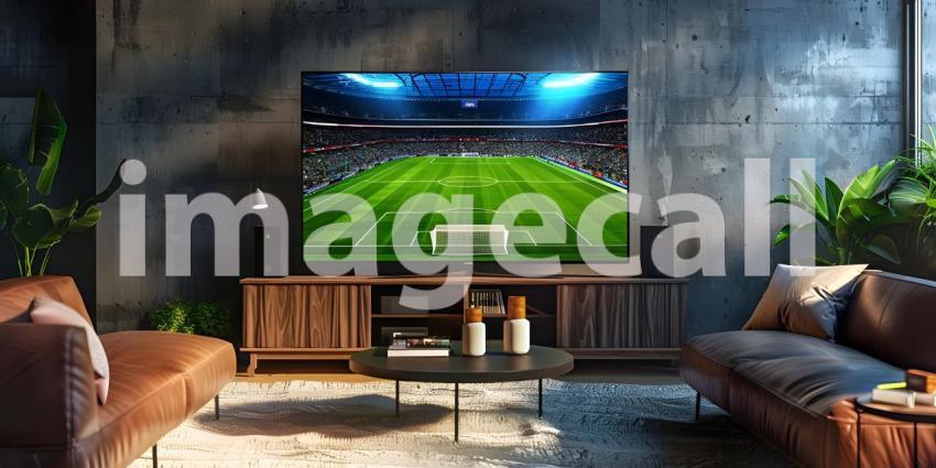 TV with Soccer Match on screen background - Ai Generated