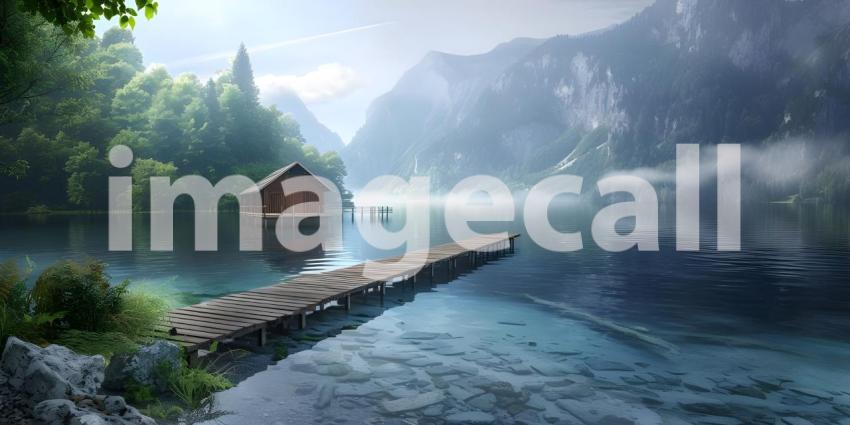 Panoramic Sunset over the lake background - Ai Generated