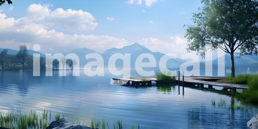 Panoramic Sunset over the lake background - Ai Generated