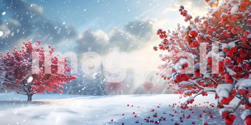Winter park at snowfall with red wild apple trees background - Ai Generated