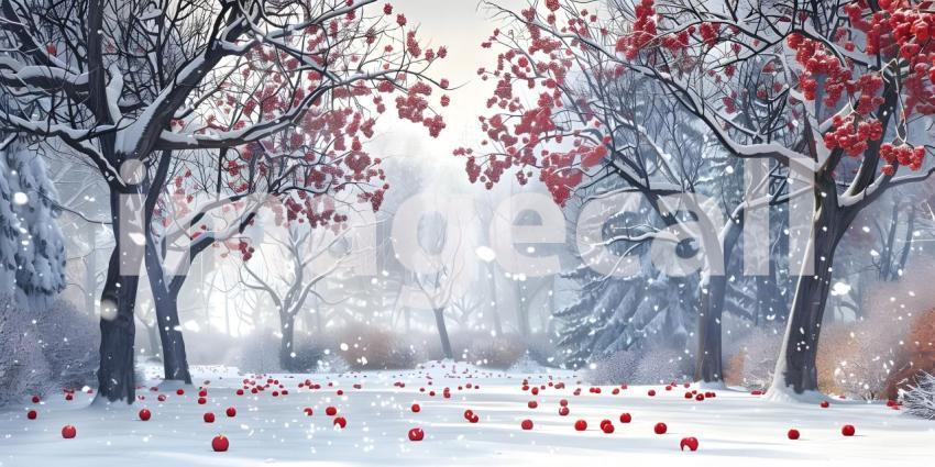 Winter park at snowfall with red wild apple trees background - Ai Generated