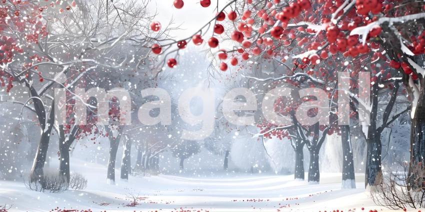 Winter park at snowfall with red wild apple trees background - Ai Generated