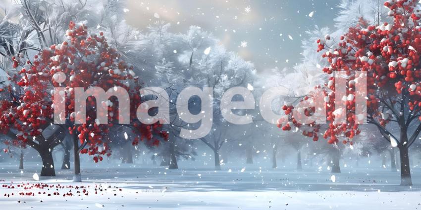 Winter park at snowfall with red wild apple trees background - Ai Generated