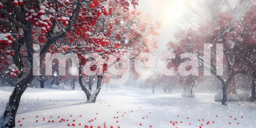 Winter park at snowfall with red wild apple trees background - Ai Generated