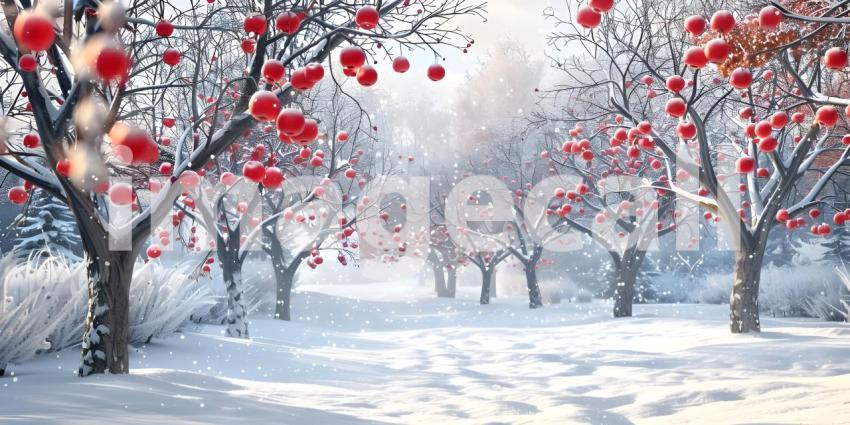 Winter park at snowfall with red wild apple trees background - Ai Generated