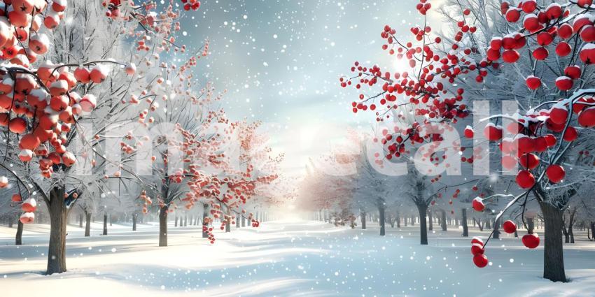 Winter park at snowfall with red wild apple trees background - Ai Generated