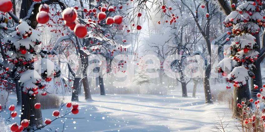 Winter park at snowfall with red wild apple trees background - Ai Generated