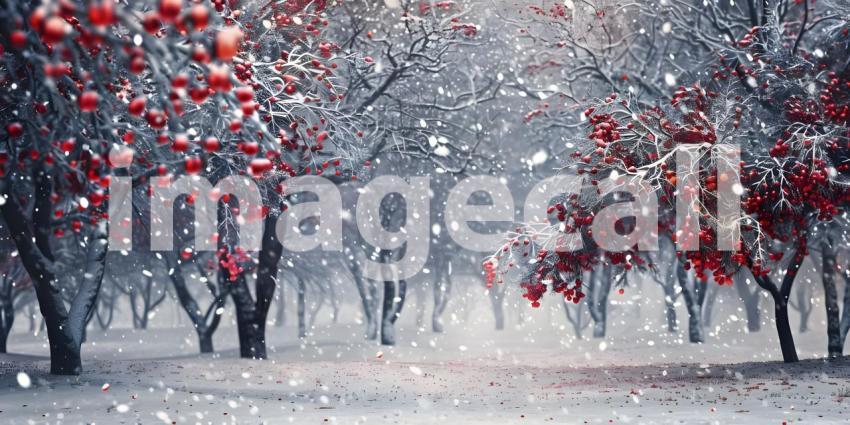 Winter park at snowfall with red wild apple trees background - Ai Generated
