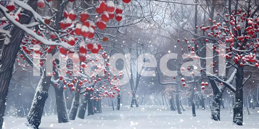 Winter park at snowfall with red wild apple trees background - Ai Generated