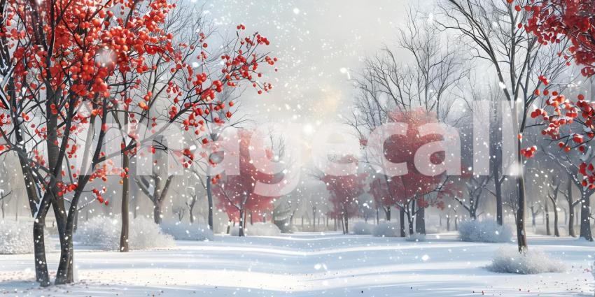 Winter park at snowfall with red wild apple trees background - Ai Generated