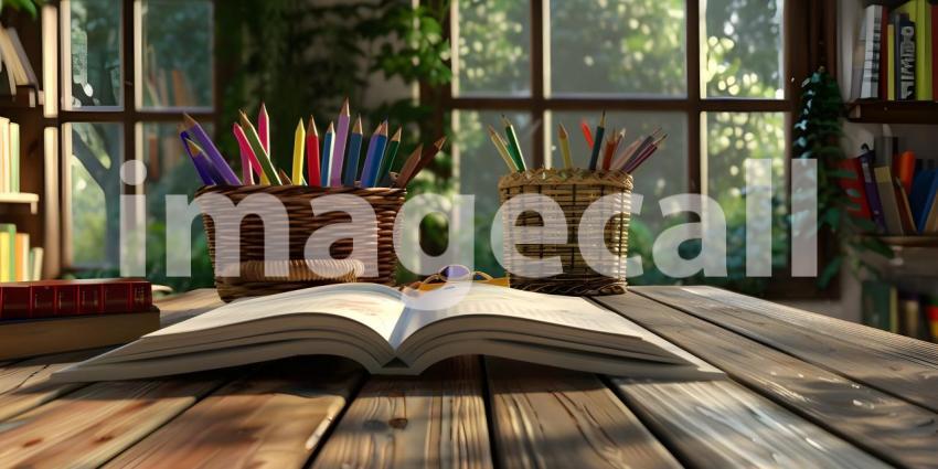 Study desk with a book open and a basket of colored pencils background - Ai Generated