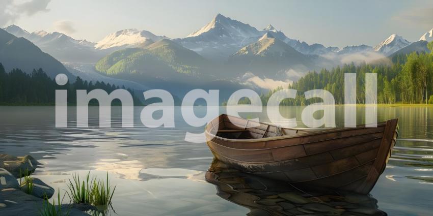 Wooden boat parked at evening with mountains on background - Ai Generated