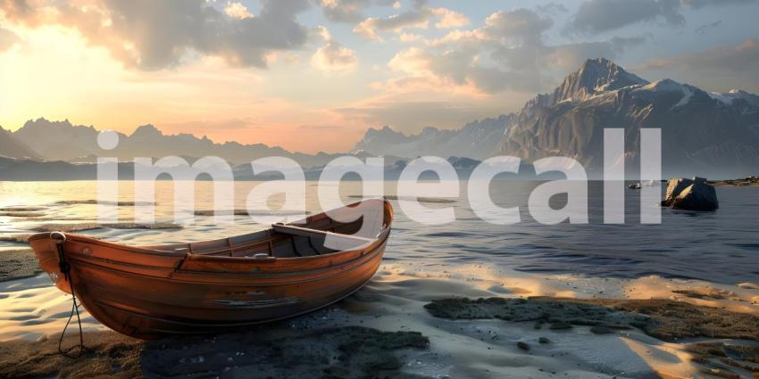 Wooden boat parked at evening with mountains on background - Ai Generated
