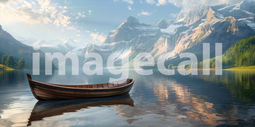 Wooden boat parked at evening with mountains on background - Ai Generated