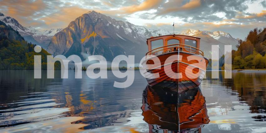 Wooden boat parked at evening with mountains on background - Ai Generated
