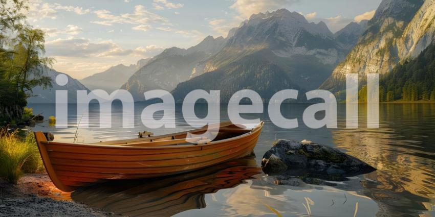 Wooden boat parked at evening with mountains on background - Ai Generated