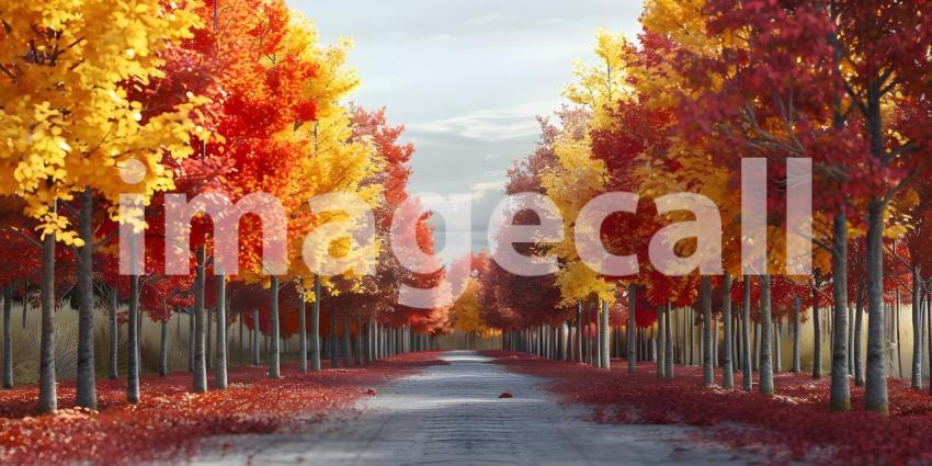 Big tree with colorful leaves on the roadside background - Ai Generated