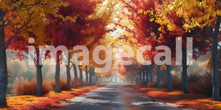 Big tree with colorful leaves on the roadside background - Ai Generated