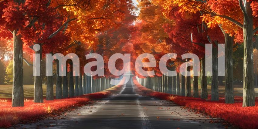 Big tree with colorful leaves on the roadside background - Ai Generated